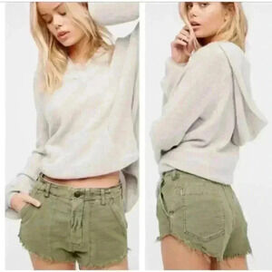 Free People Raw Patched Cutoff Shorts Frayed Hem Military Olive Green Size 0